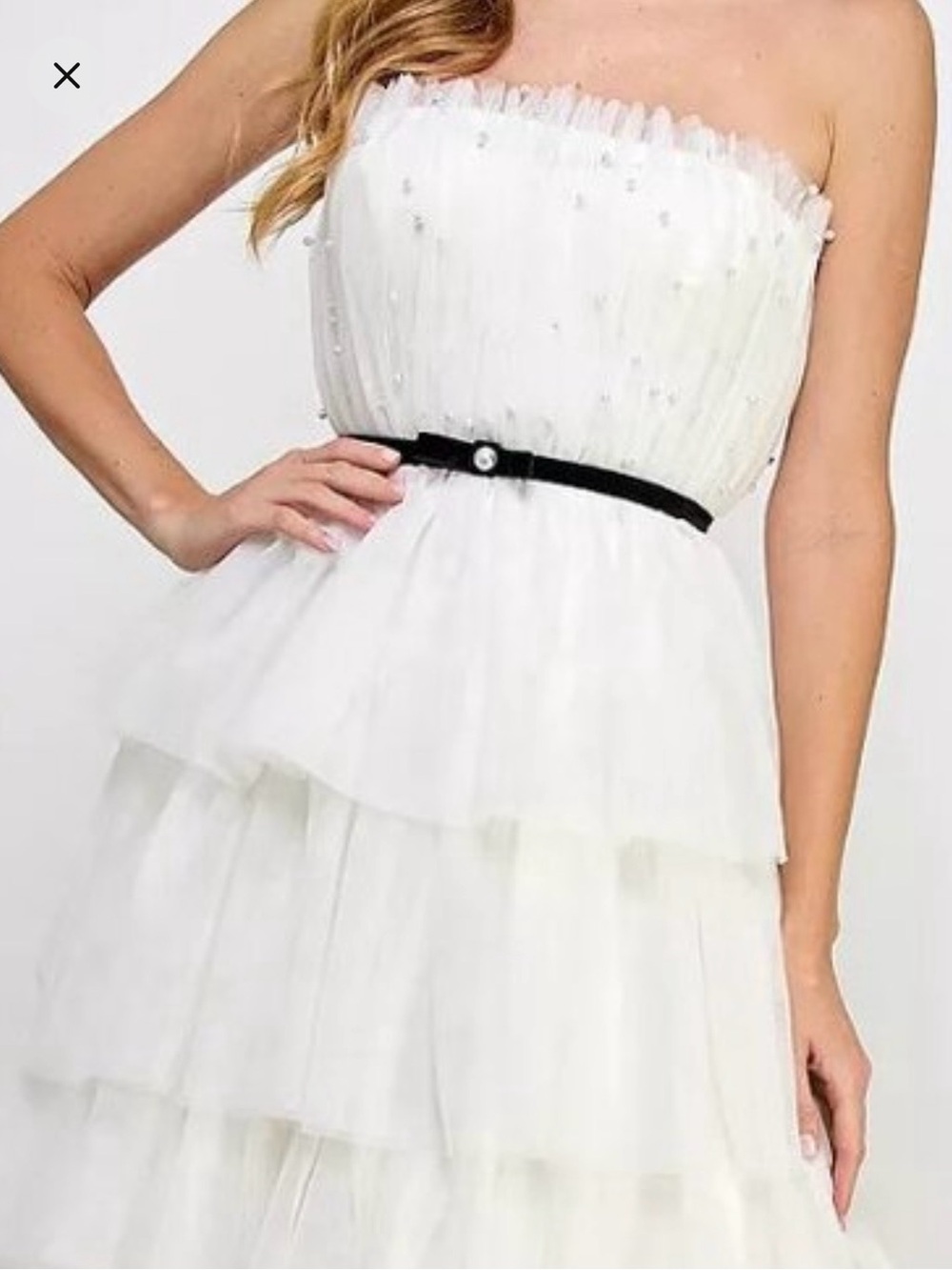 Strapless White Tiered Tulle Dress with Pearl Detail